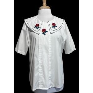 WITT Vintage Cottagecore Sailor Collar Blouse White Embroidered Rose Women's 14